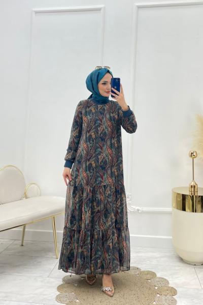 Şal Desen Tesettür Elbise Lacivert
