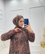 Şal Desen Tesettür Elbise Elbise Kahverengi  Kahverengi