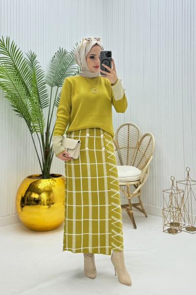 Çizgi Detay Tesettür Takım Yağ Yeşili