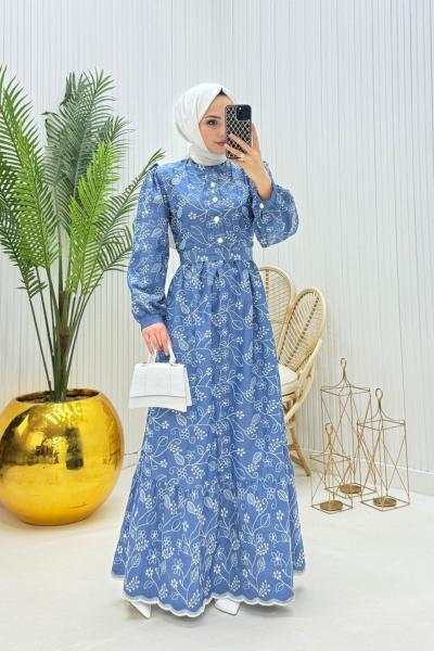 Nakışlı Tesettür Elbise Mavi