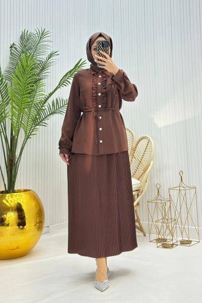 Cevher Tesettür Takım Kahverengi