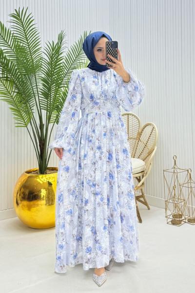 Yaprak Tesettür Elbise Mavi