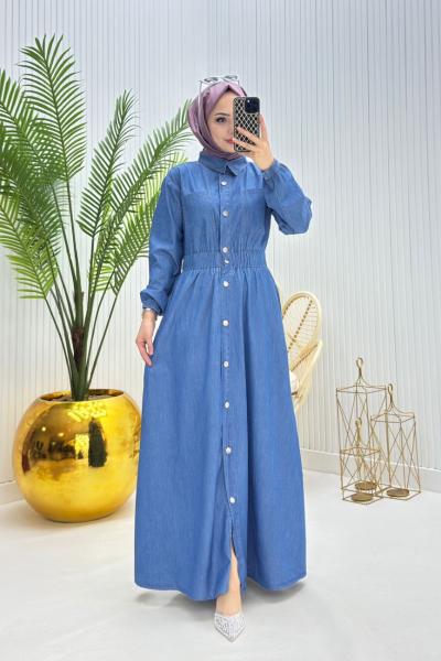 Makaron Tesettür Elbise Mavi