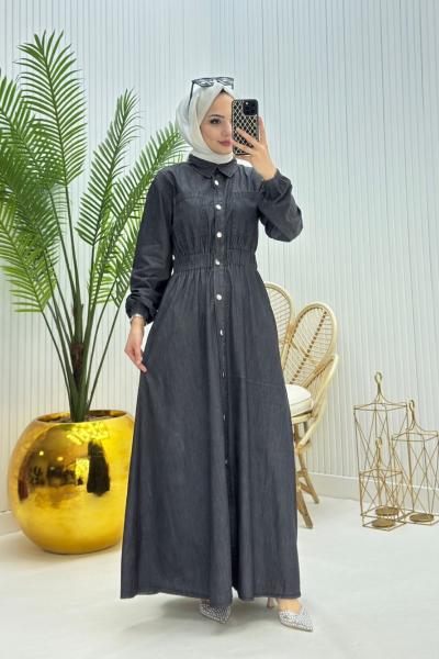 Makaron Tesettür Elbise Füme