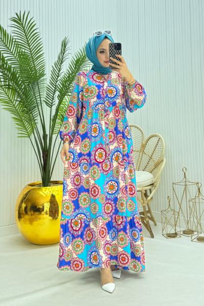 Rengarenk Tesettür Elbise Saks Mavisi