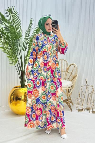 Rengarenk Tesettür Elbise Yeşil