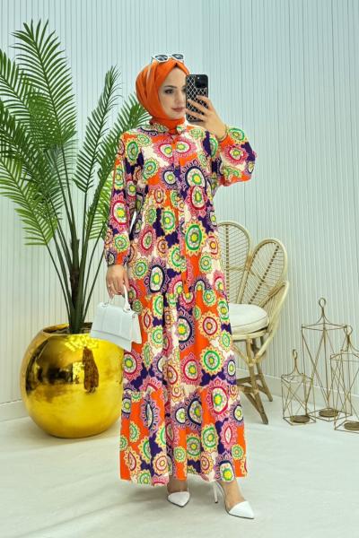 Rengarenk Tesettür Elbise Turuncu