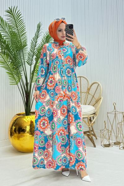 Rengarenk Tesettür Elbise Turkuaz