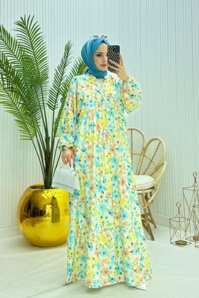 Çiçek Tesettür Elbise Sarı