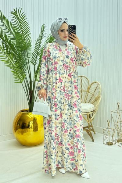 Çiçekli Tesettür Elbise Gri