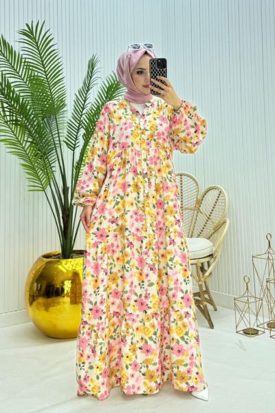 Çiçekli Tesettür Elbise Pembe