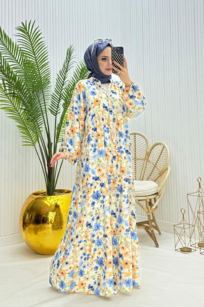 Çiçekli Tesettür Elbise Mavi