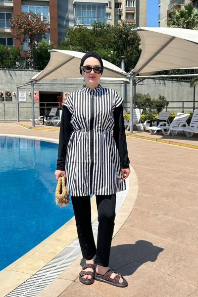 Çizgili Tesettür Mayo Siyah beyaz