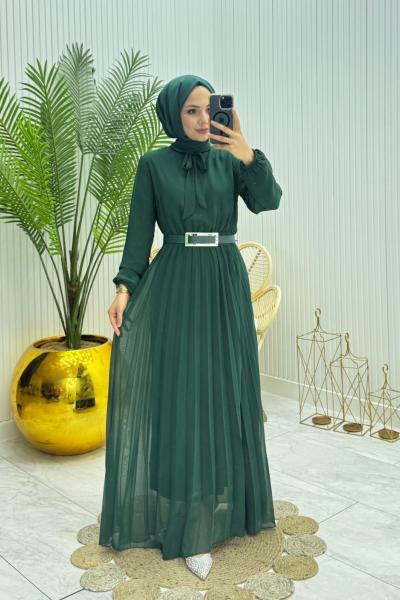 Piliseli Şifon Elbise Zümrüt