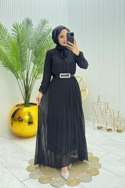 Piliseli Tesettür Elbise Siyah