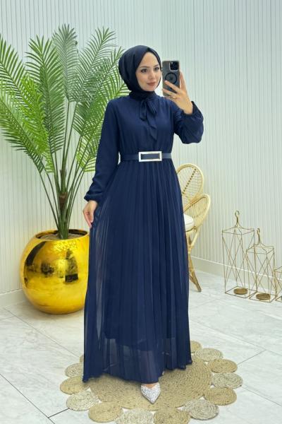 Piliseli Tesettür Elbise Lacivert