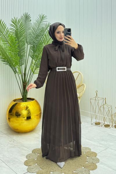 Piliseli Tesettür Elbise Kahverengi