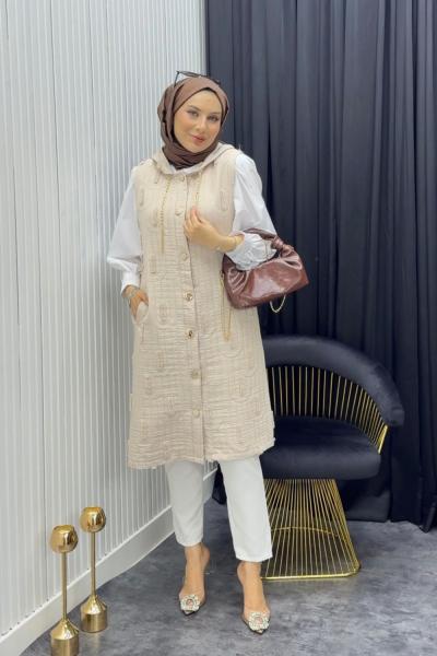 Püskül Detay Yelek Krem