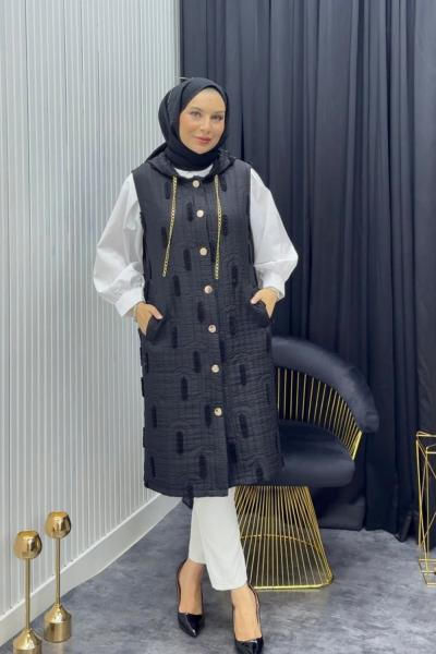 Püskül Detay Yelek Siyah