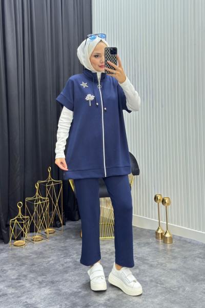 Taş Detay Yelekli Takım