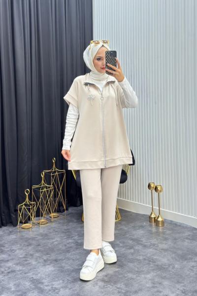 Taş Detay Yelekli Takım Taş