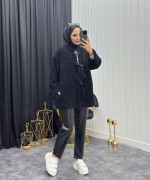 Peluş Mont Siyah Siyah