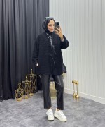 Peluş Mont Siyah Siyah