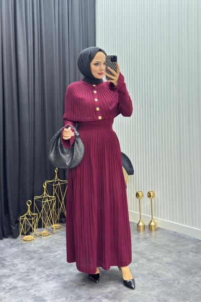 Pelerinli Elbise Bordo