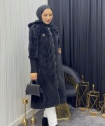 Broşlu Angora Kaban Siyah Siyah