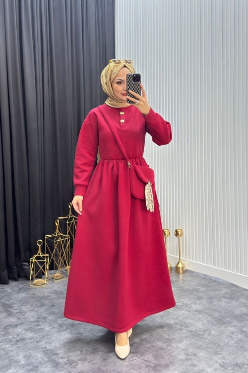 Çantalı Elbise Bordo
