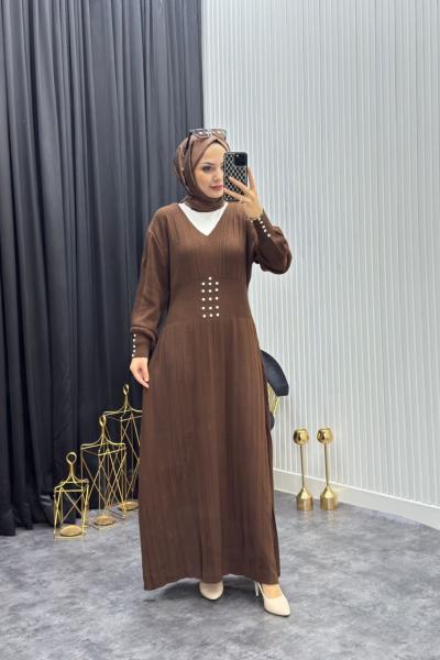 İncili Elbise Kahverengi