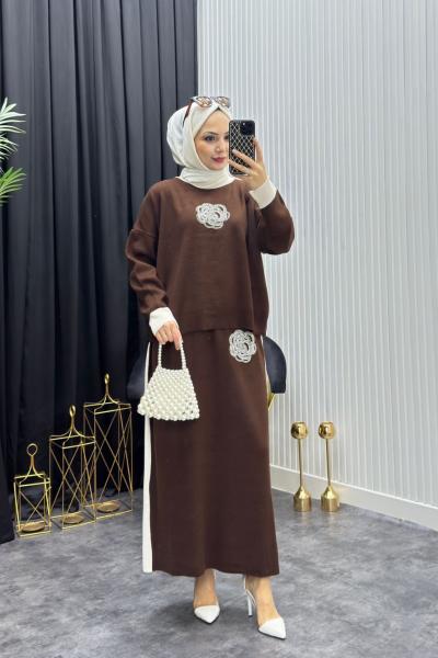 Gül Detay Takım Kahverengi