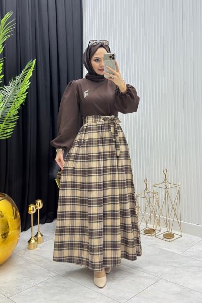 Yade Ekose Elbise Kahverengi