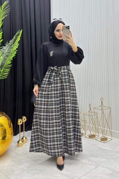 Yade Ekose Elbise Siyah