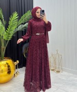 Gonca Dantel Elbise Bordo Bordo