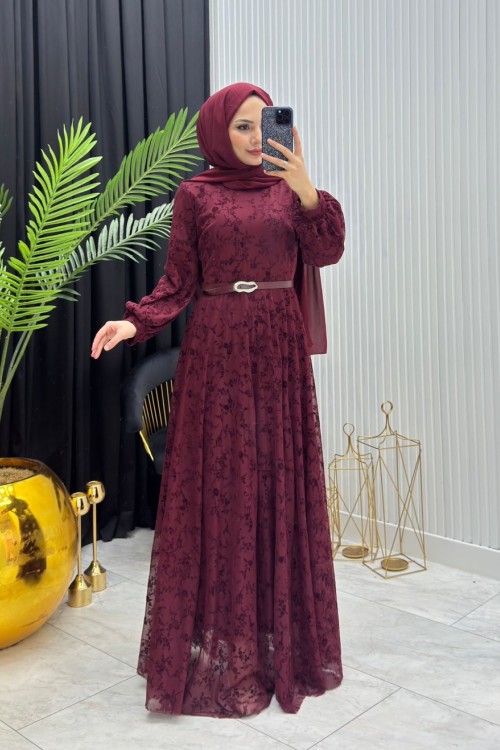 Gonca Dantel Elbise Bordo