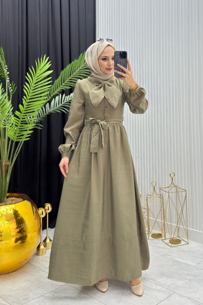Fular Detay Elbise Haki