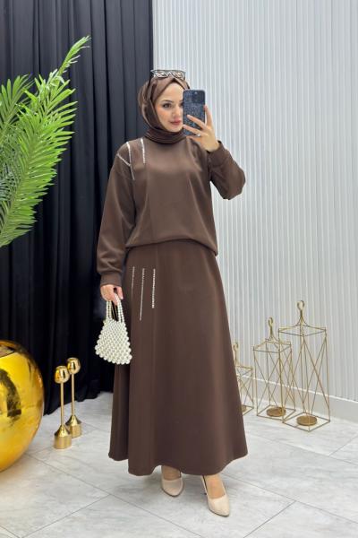 Taş Detay Takım Kahverengi