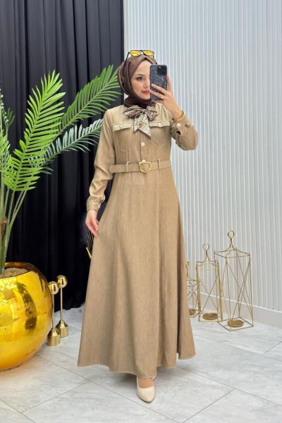 Fular Detay Elbise Camel