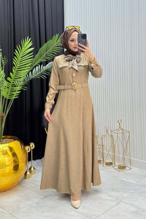 Fular Detay Elbise Camel
