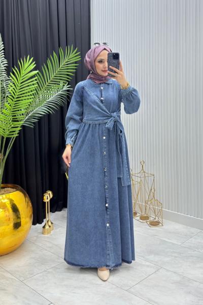 Bağlamalı Kot Elbise Mavi