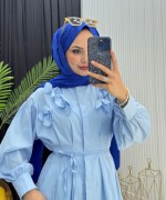 Çiçek Detay Elbise Mavi Mavi