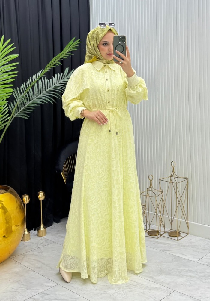 Makaron Tesettür Elbise Sarı Sarı