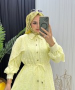 Makaron Tesettür Elbise Sarı Sarı