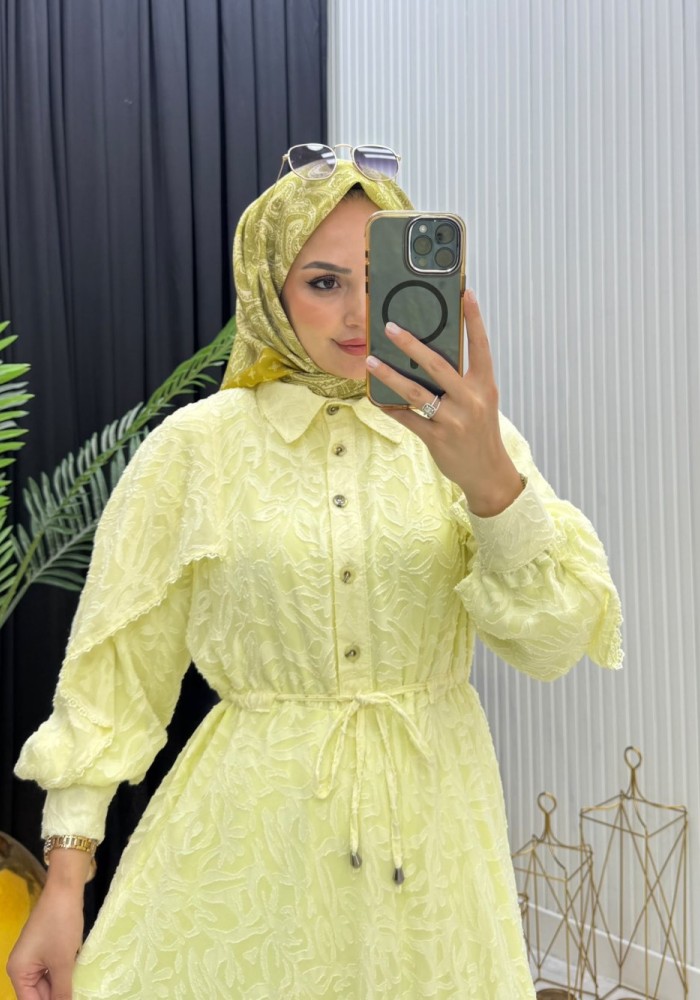 Makaron Tesettür Elbise Sarı Sarı