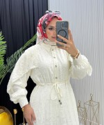 Makaron Tesettür Elbise Beyaz Beyaz