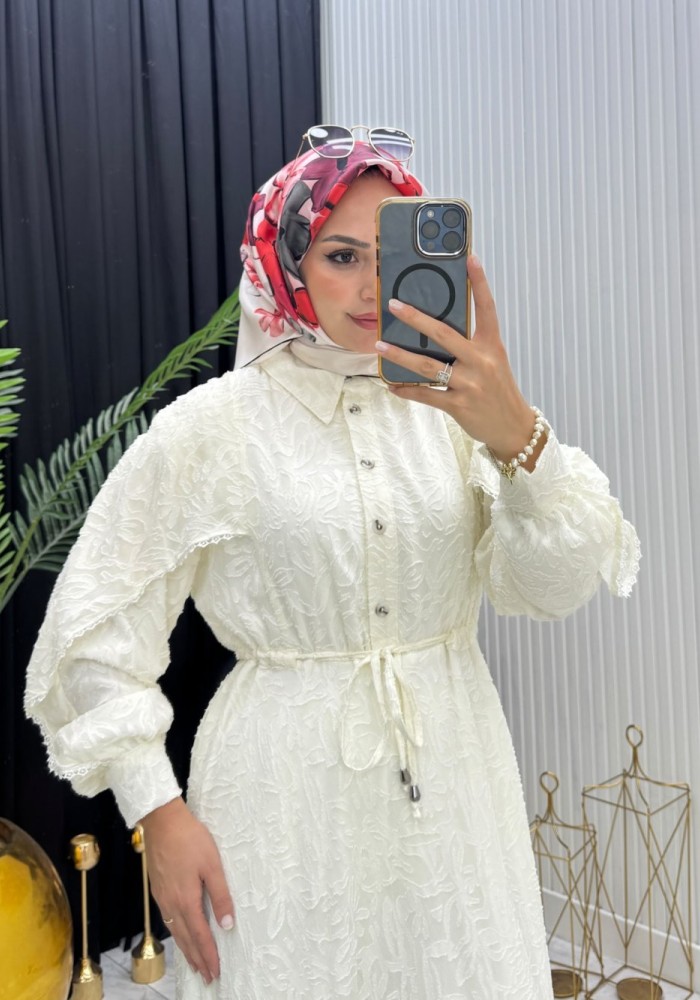 Makaron Tesettür Elbise Beyaz Beyaz