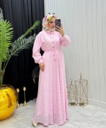 Makaron Tesettür Elbise  Pembe Pembe