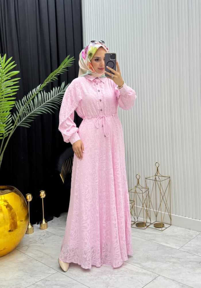 Makaron Tesettür Elbise  Pembe Pembe