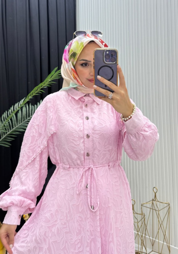 Makaron Tesettür Elbise  Pembe Pembe